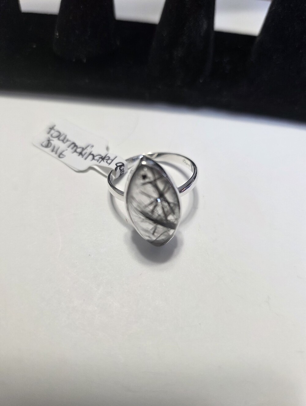 Sterling Silver Marquise Tourmilinated Quartz Ring - Black & White